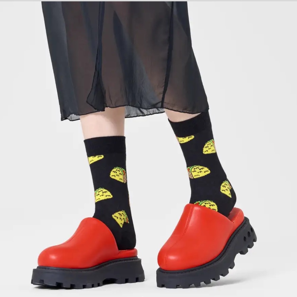 HAPPY SOCKS MENS COMBED COTTON CREW SOCKS TACO TO GO TACO PRINT BLACK OS NWT